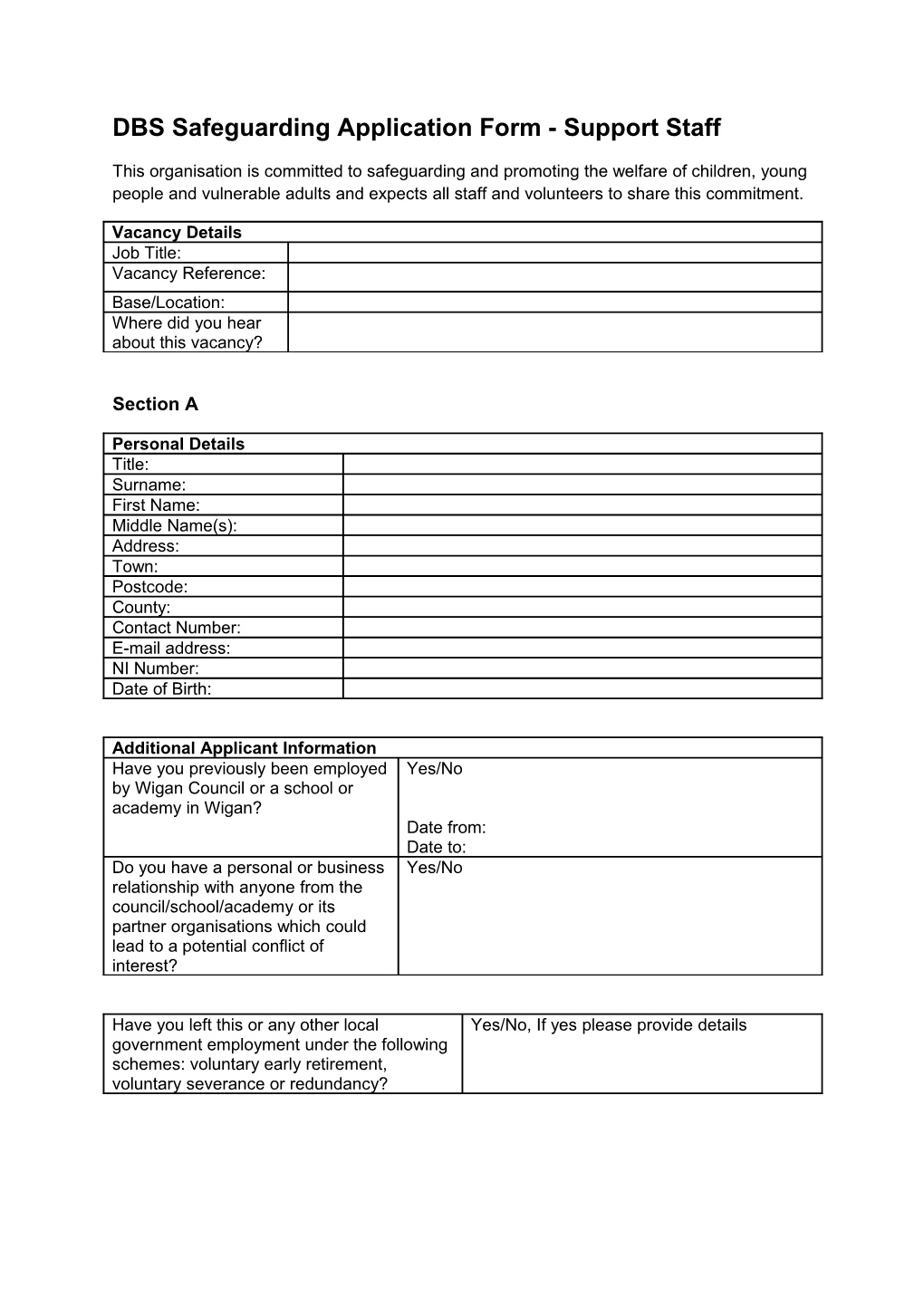 DBS Safeguarding Application Form- Support Staff