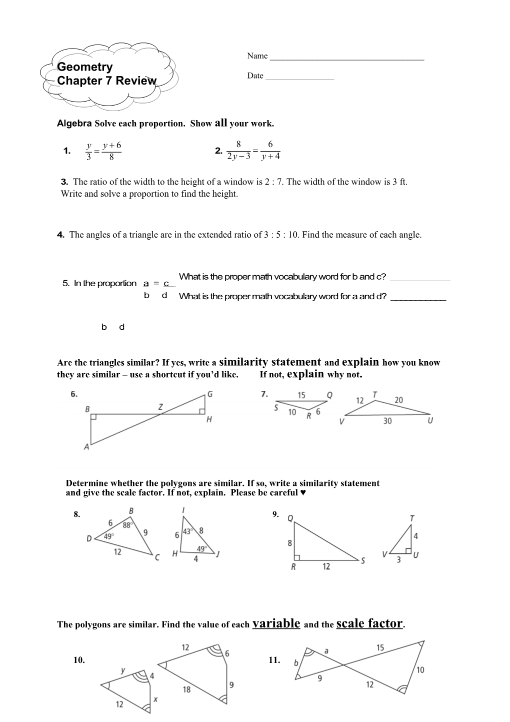 Algebra Solve Each Proportion. Show All Your Work