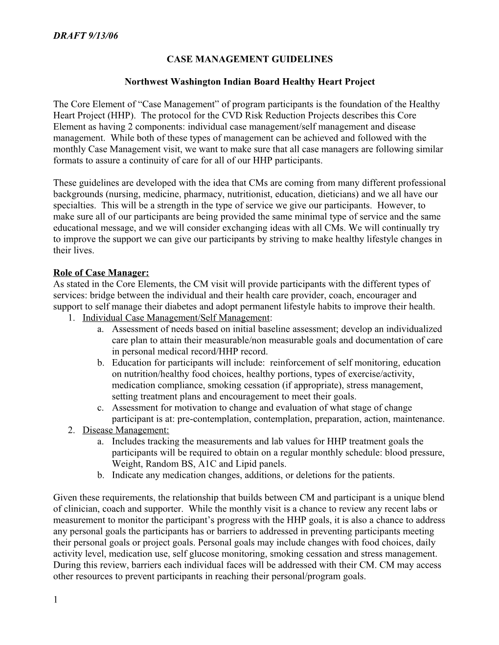 Northwest Washington Indian Heath Board Case Management Guidelines