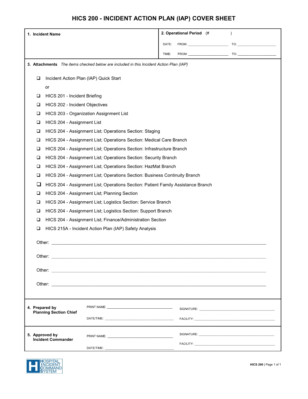 HICS 200-Incident Action Plan (IAP) Cover Sheet
