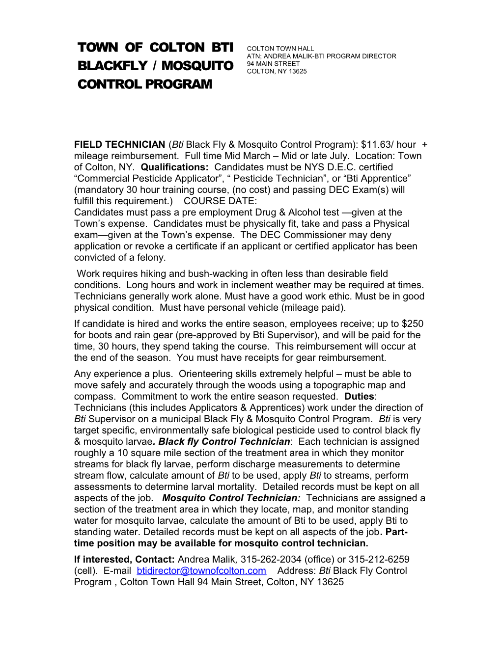 Town of Colton Bti Blackfly / Mosquito Control Program