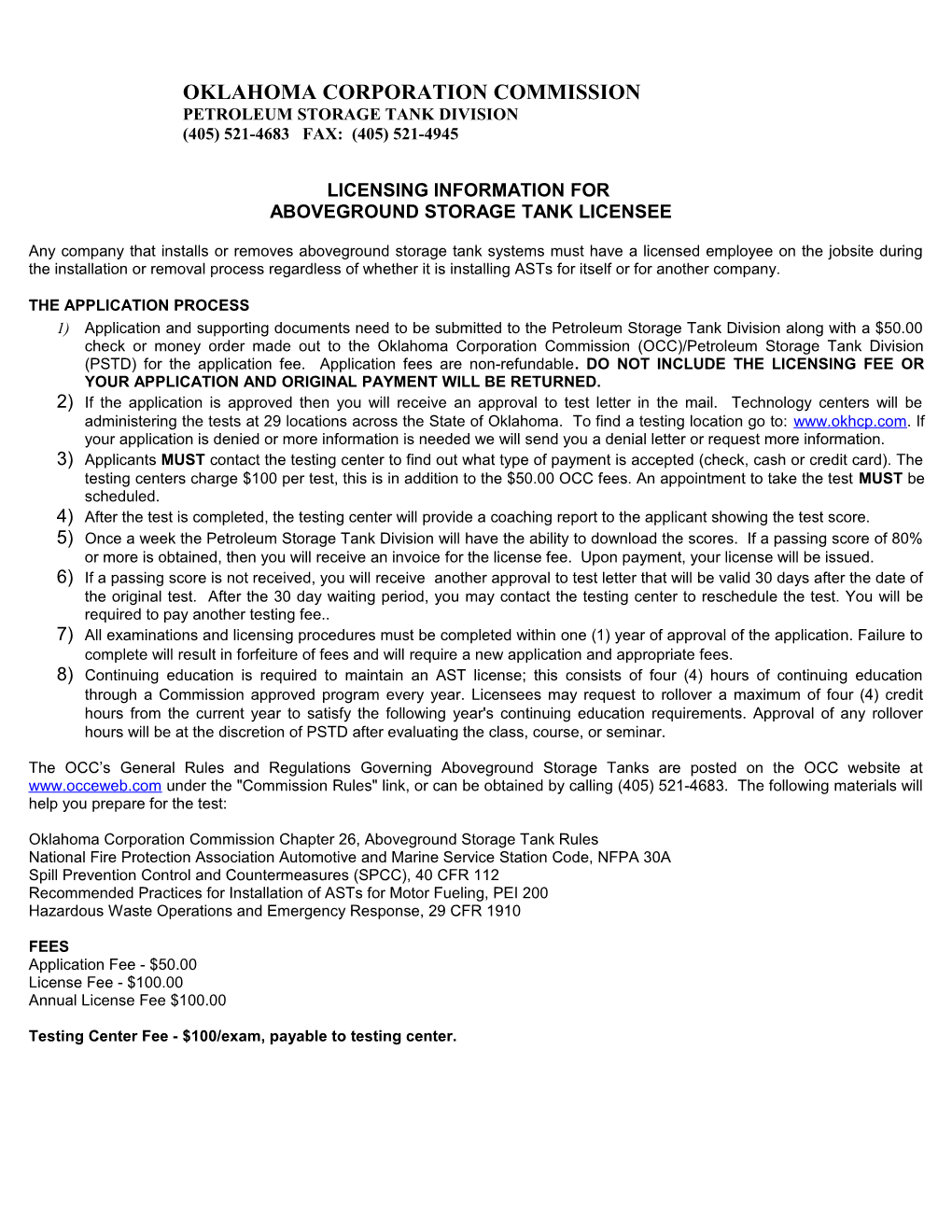 Licensing Information for Aboveground Storage Tanks
