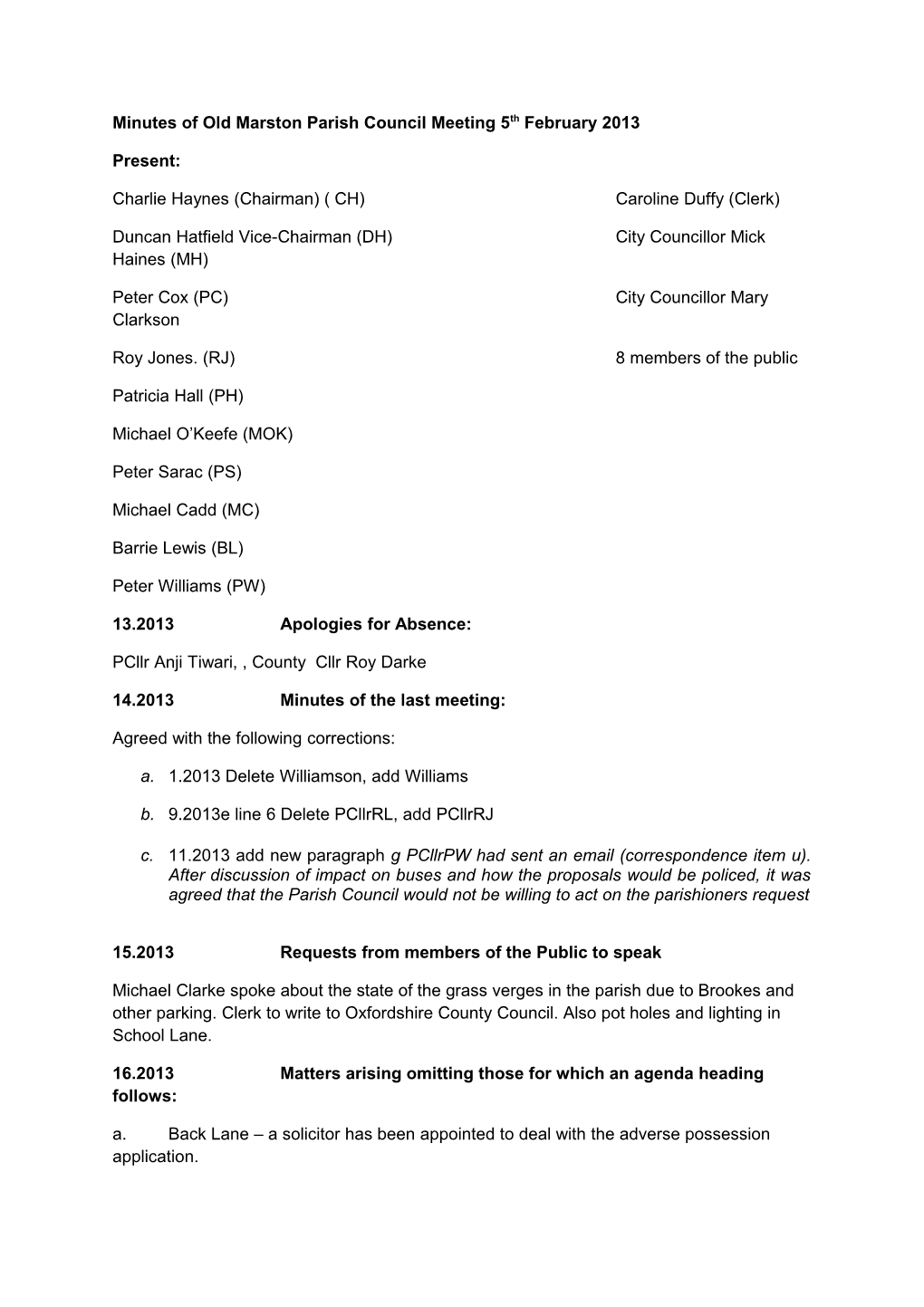 Minutes of Old Marston Parish Council Meeting 5Th February 2013