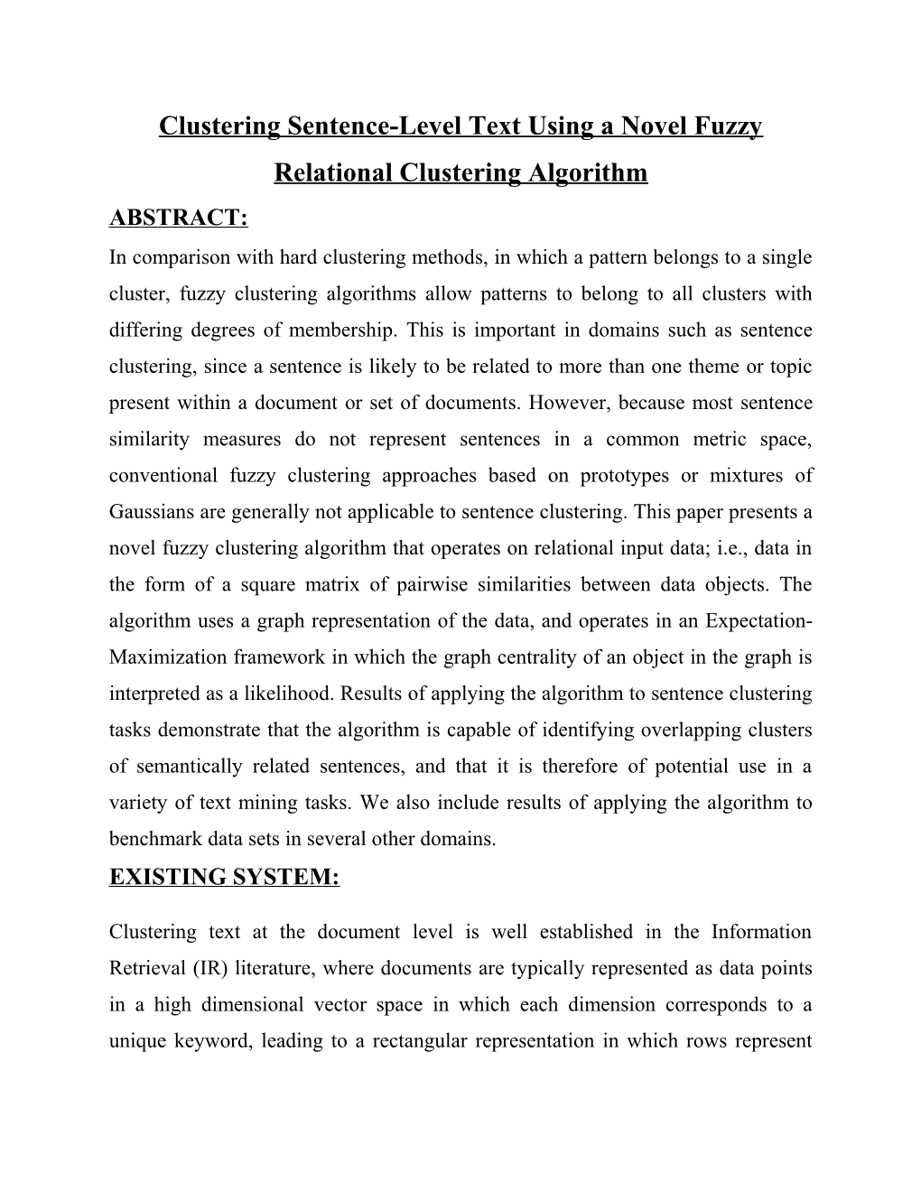 Clustering Sentence-Level Text Using a Novelfuzzy Relational Clustering Algorithm