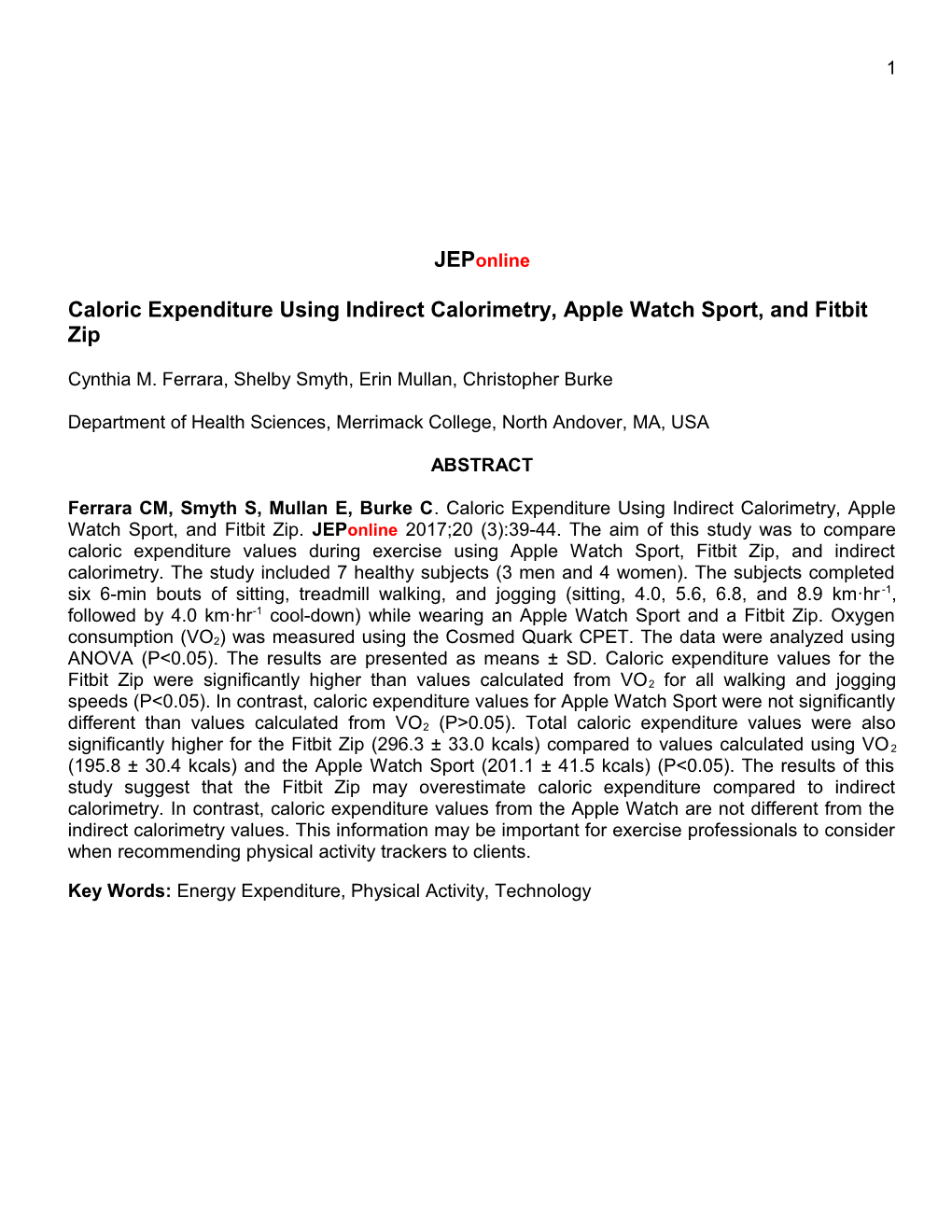 Caloric Expenditure Using Indirect Calorimetry, Apple Watch Sport, and Fitbit Zip