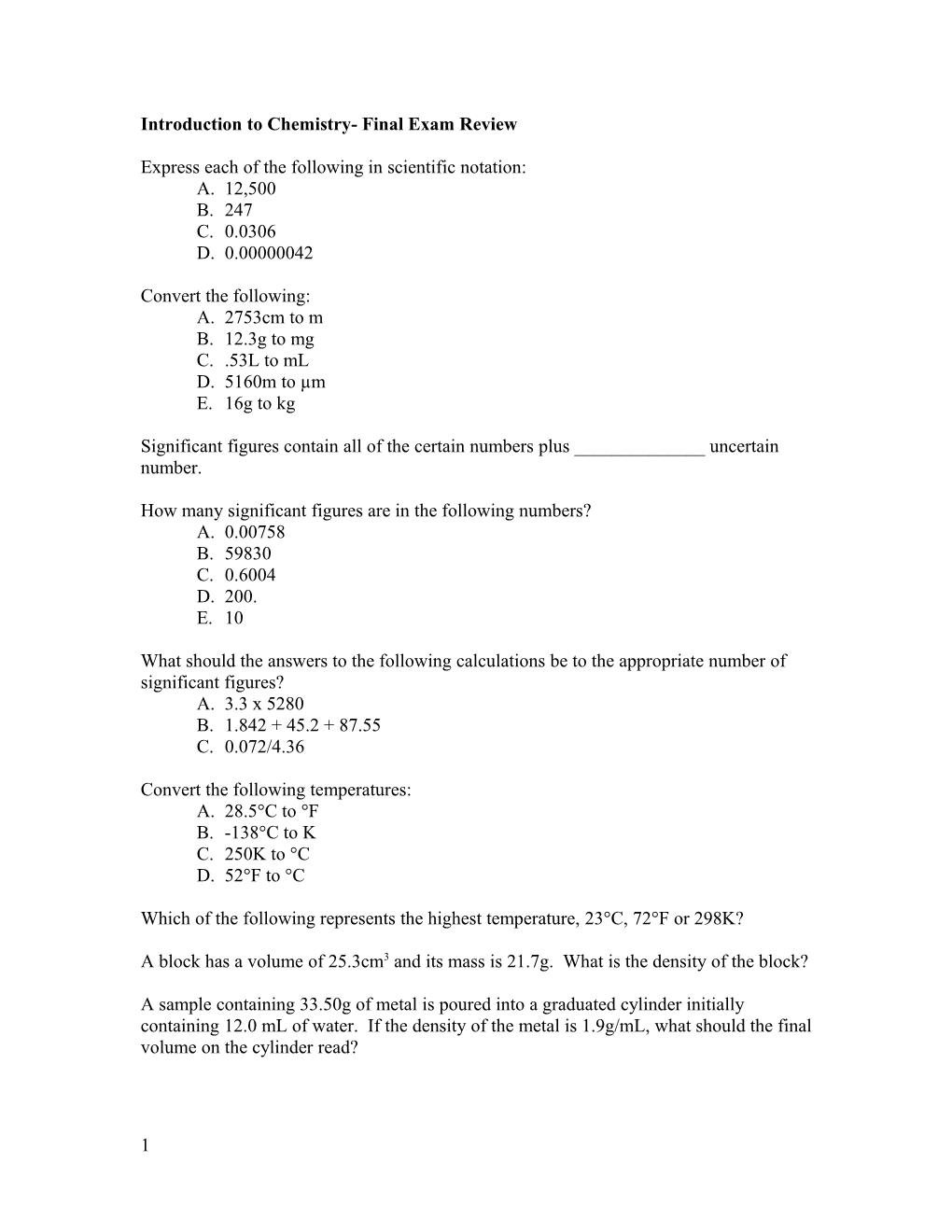 Introduction to Chemistry- Final Exam Review