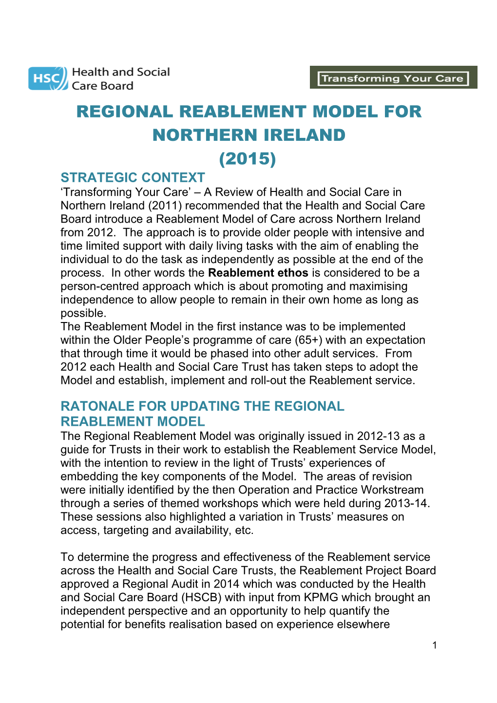 Reablement Revised Regional Model