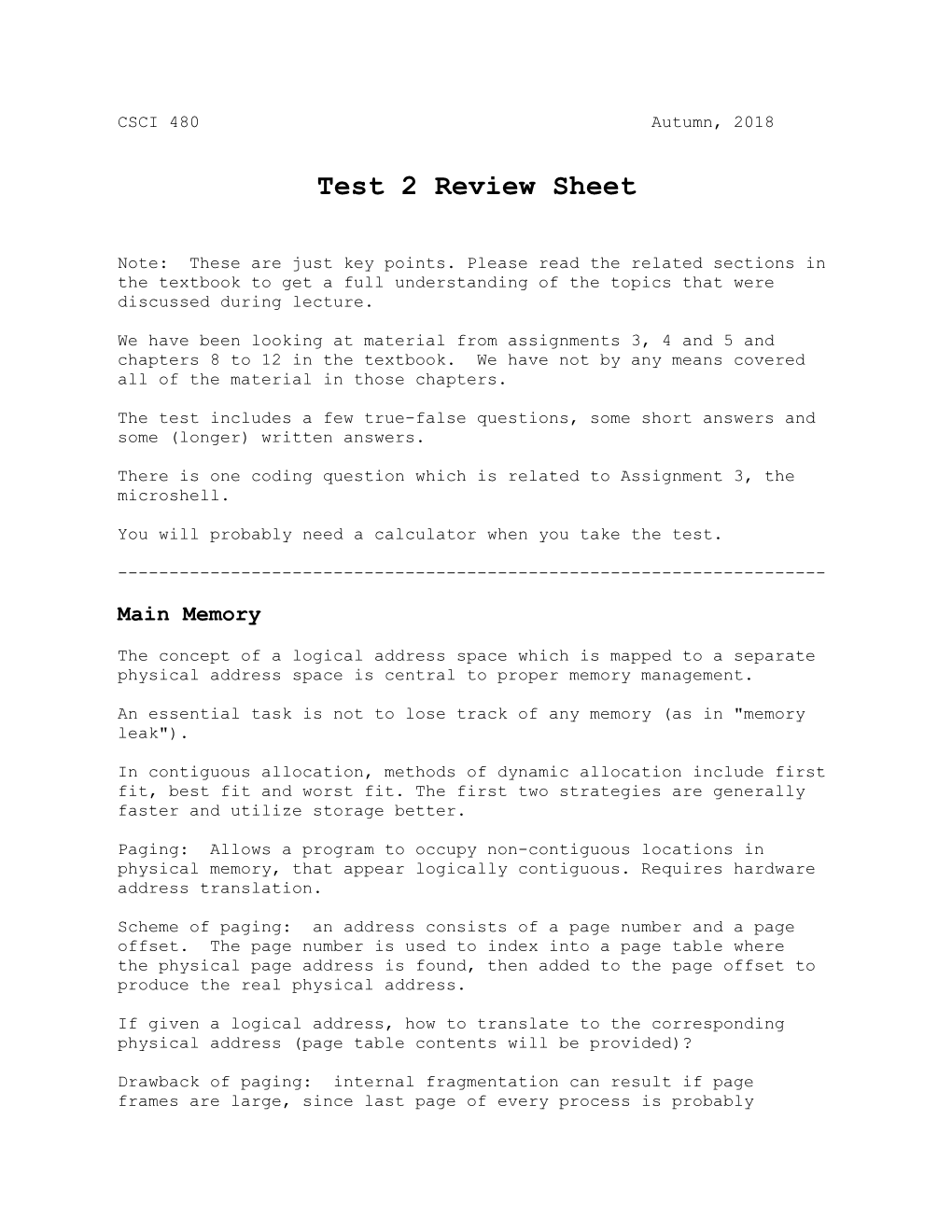 Test 2 Review Sheet