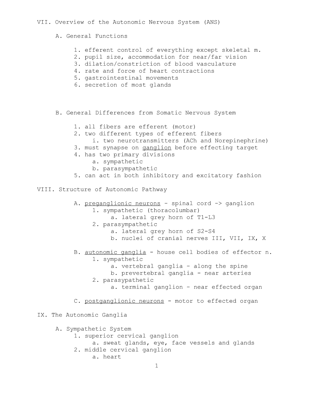 VII. Overview of the Autonomic Nervous System (ANS)