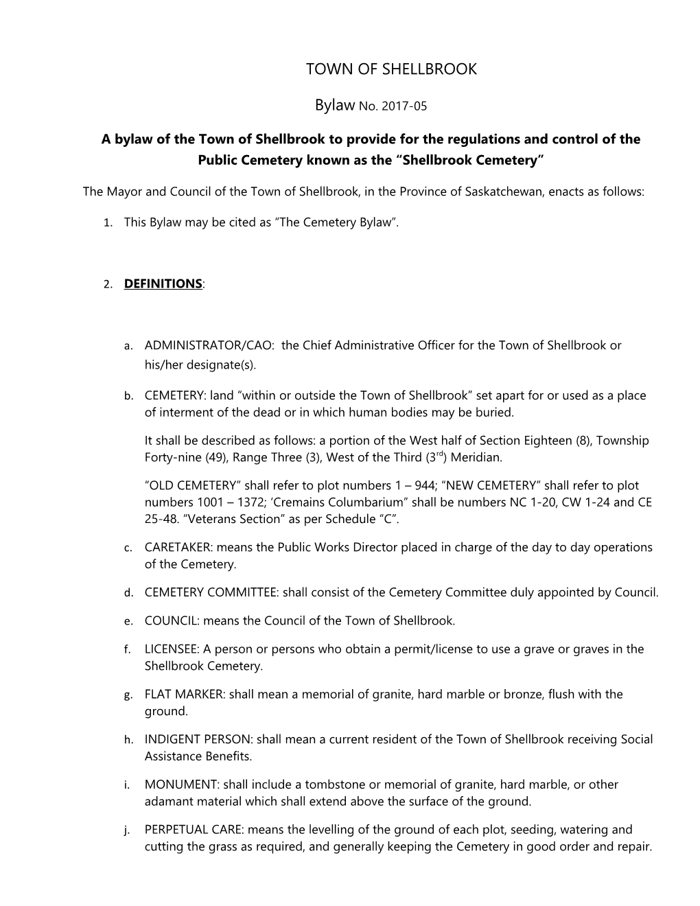 A Bylaw of the Town of Shellbrook to Provide for the Regulations and Control of the Public