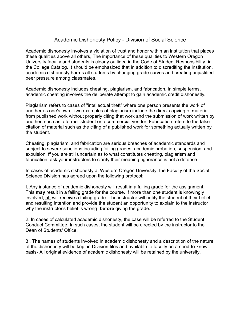 Academic Dishonesty Policy - Division of Social Science