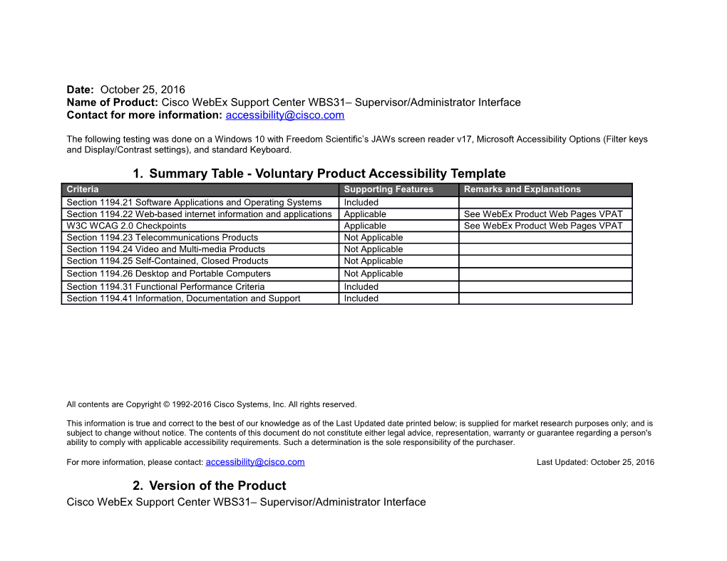 VPAT for Webex Support Center Supervisor Admin WBS31