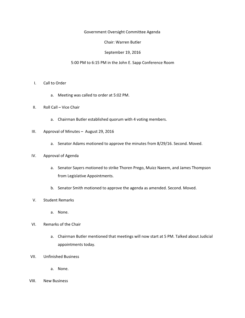 Government Oversight Committee Agenda