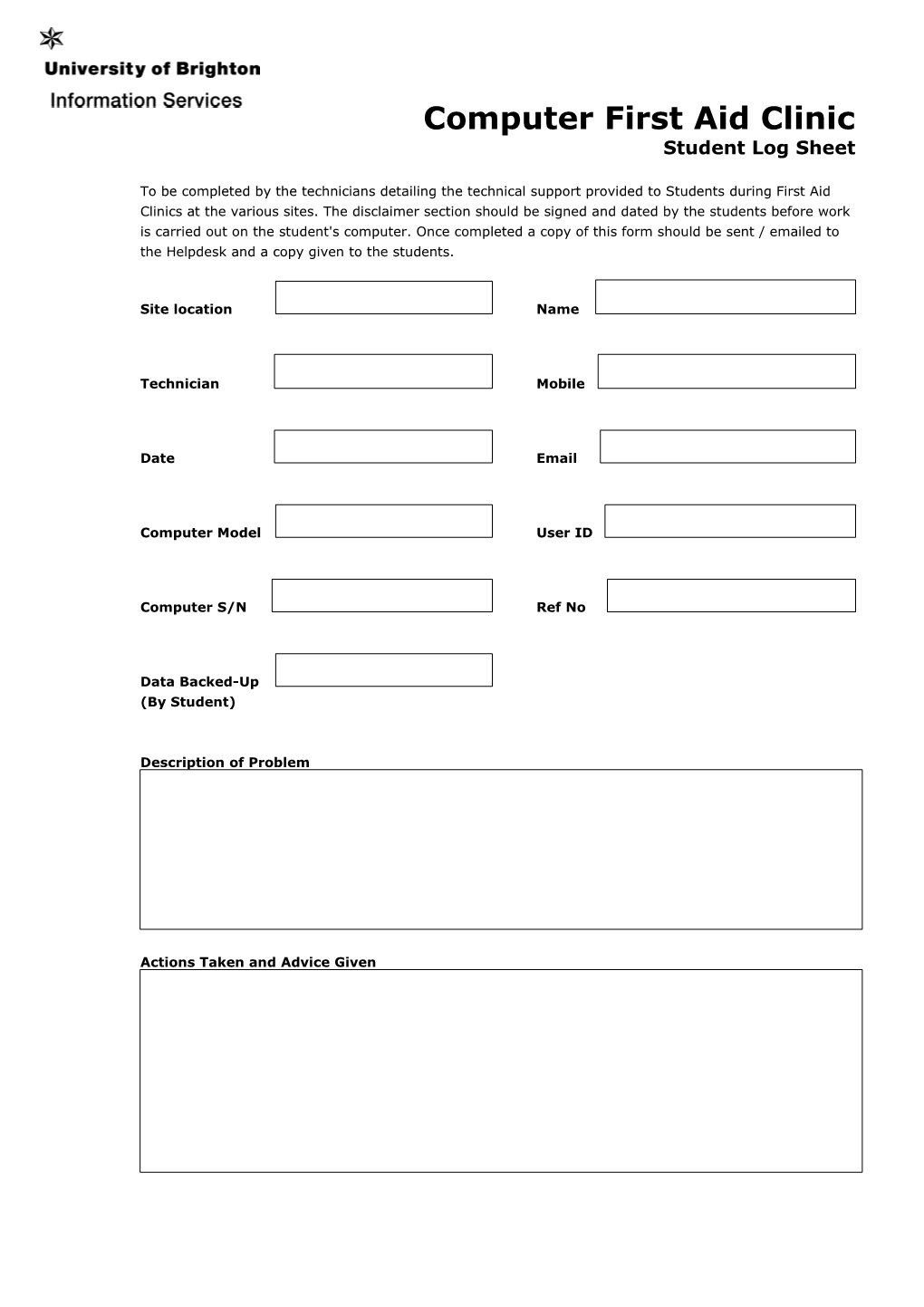 Computer First Aid Clinic Disclaimer and Log Sheet