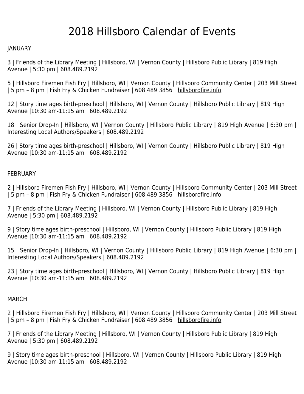 2018Hillsboro Calendar of Events