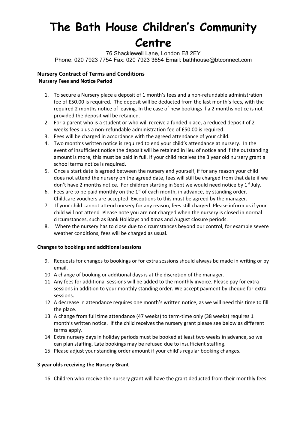 Nursery Contract of Terms and Conditions