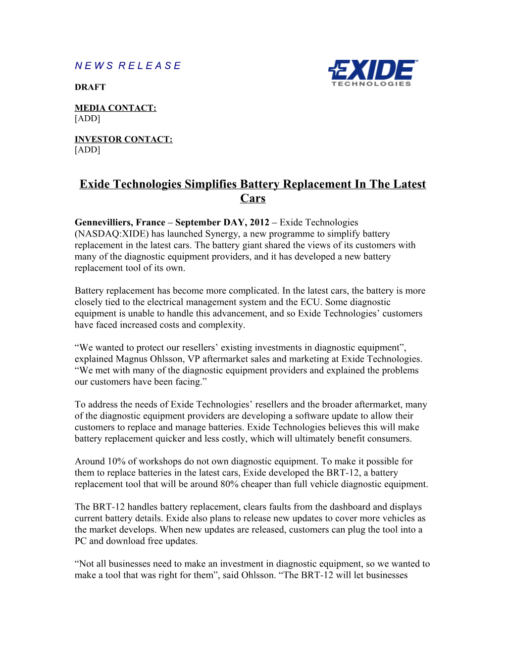 Exide Technologies Simplifies Battery Replacement in the Latest Cars
