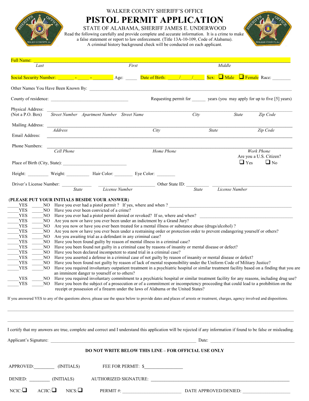 Pistol Permit Application