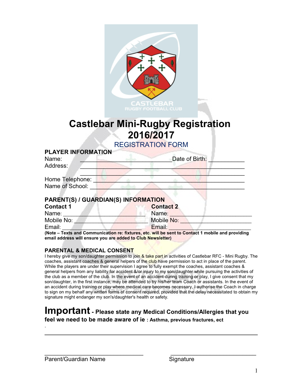 Castlebar Mini-Rugby Registration