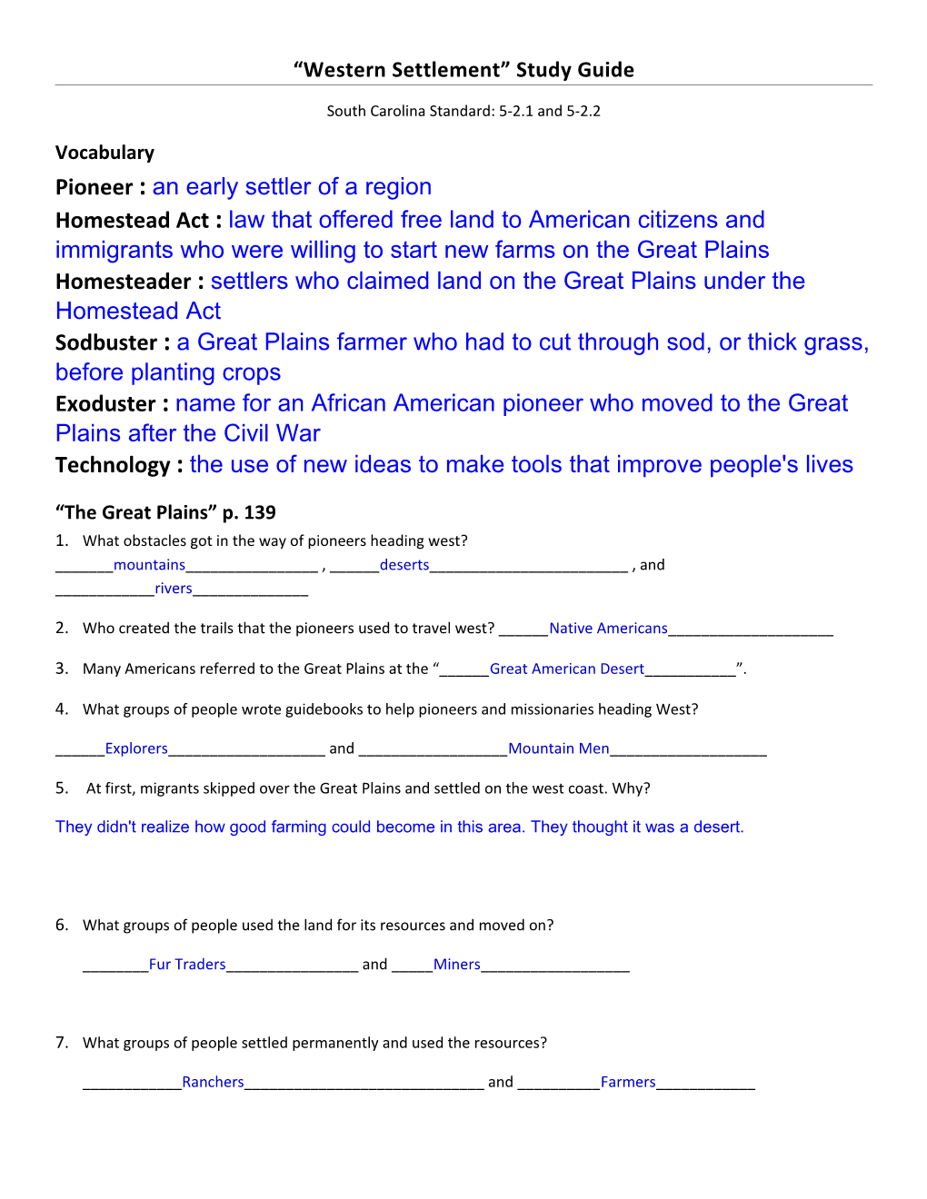 Chapter 3 Lesson 2: Pioneers of the Plains Study Guide