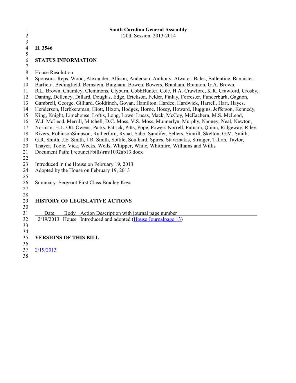 2013-2014 Bill 3546: Sergeant First Class Bradley Keys - South Carolina Legislature Online
