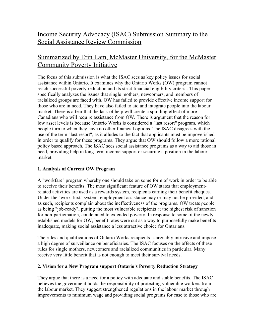 Income Security Advocacy (ISAC) Submission Summary to the Social Assistance Review Commission
