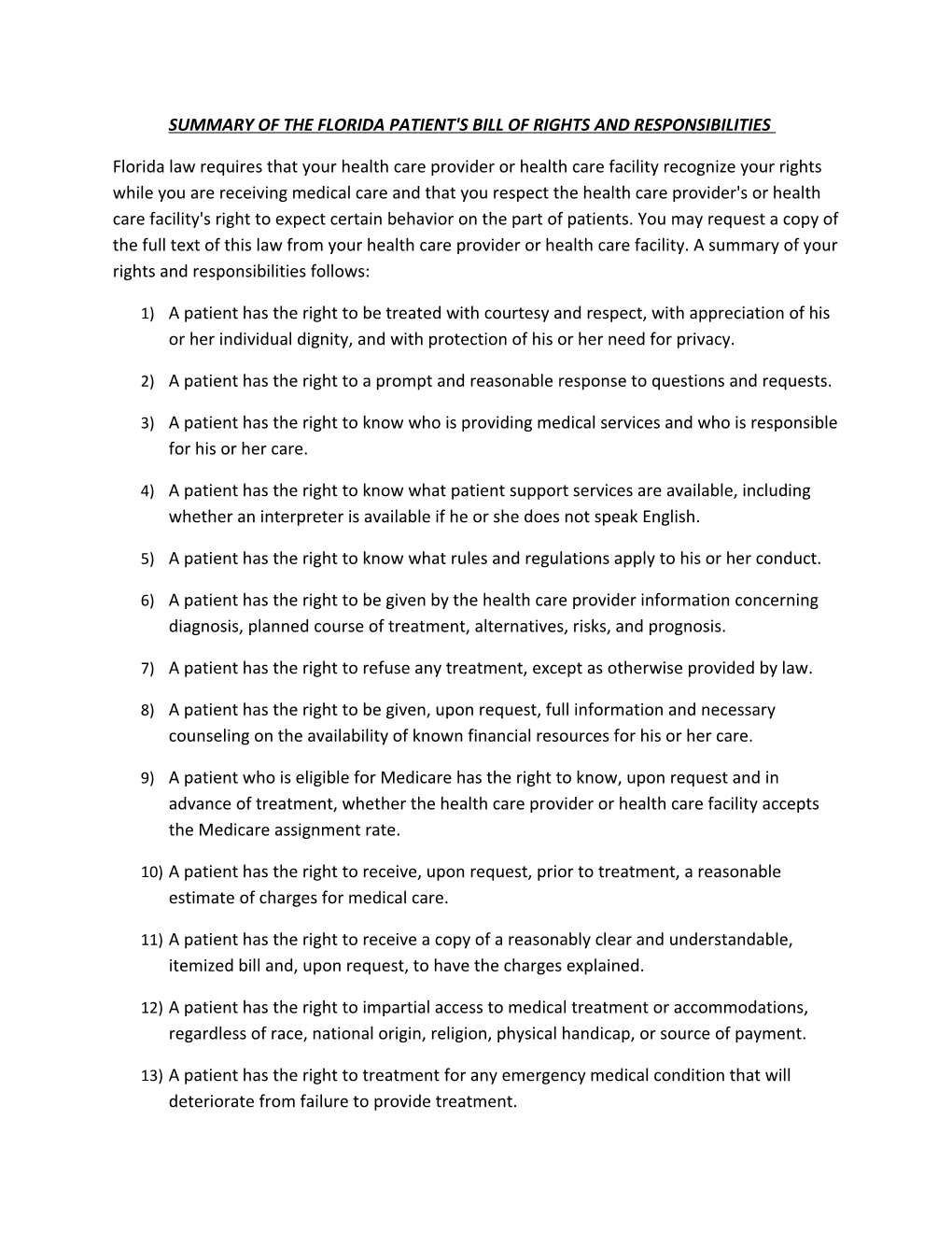 Summary of the Florida Patient's Bill of Rights and Responsibilities