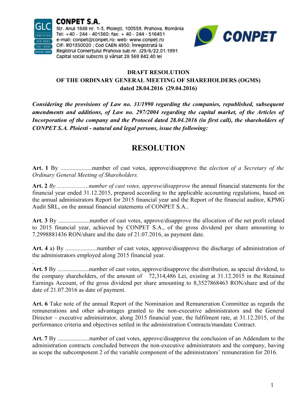 Of the Ordinary General Meeting of Shareholders (Ogms)