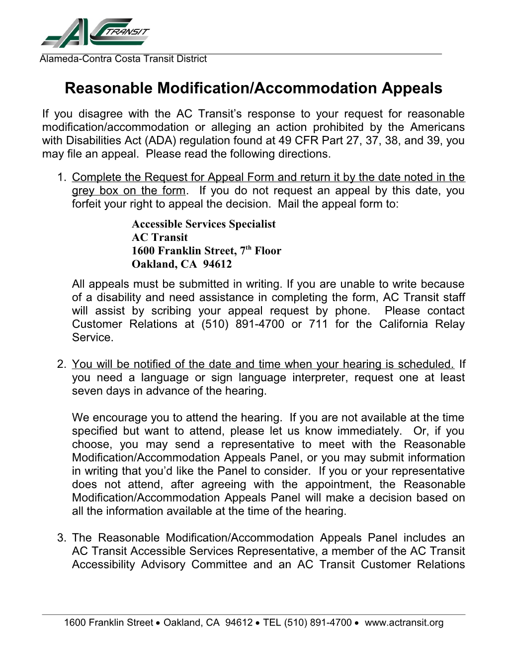 Reasonable Modification/Accommodation Appeals