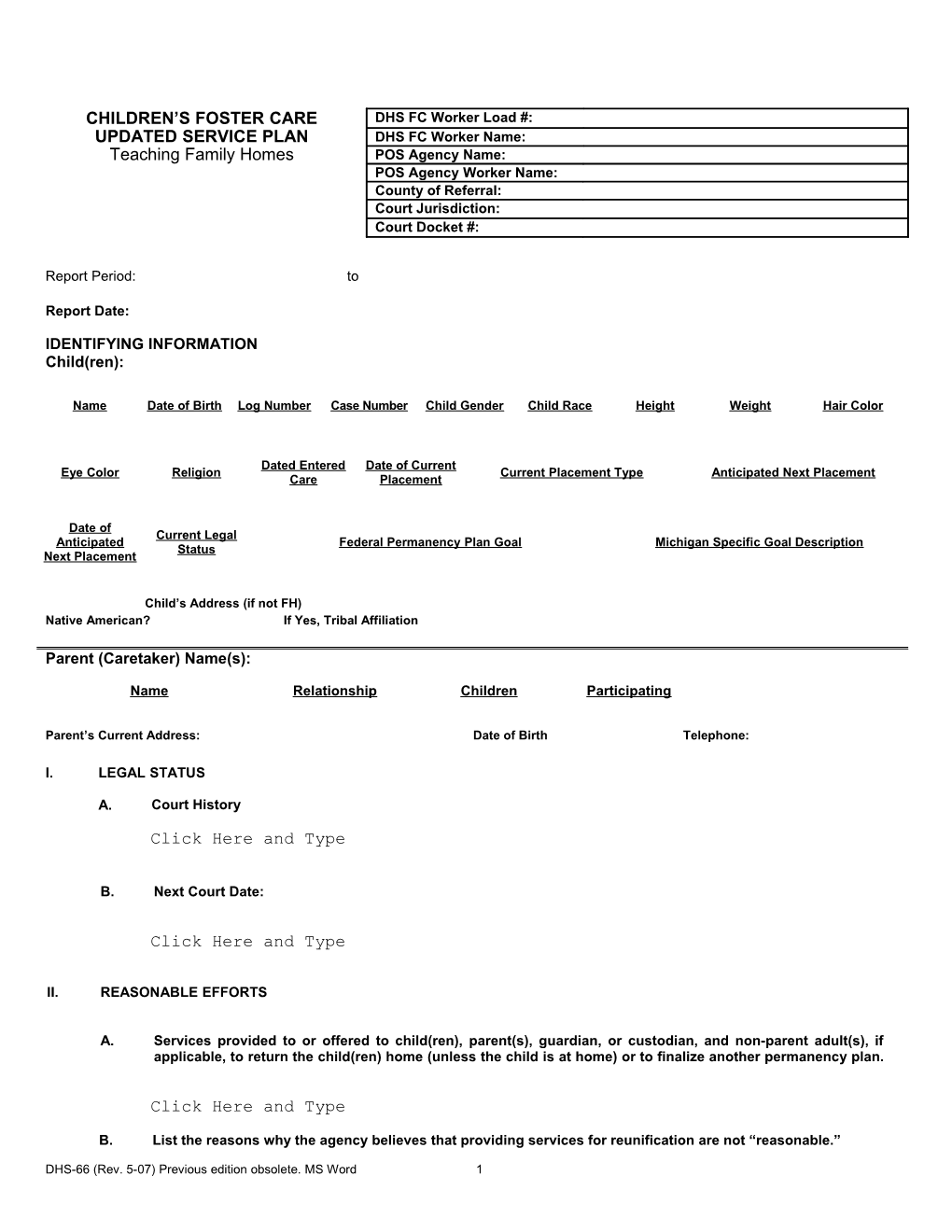 DHS-0066, Children's Foster Care Updated Service Plan