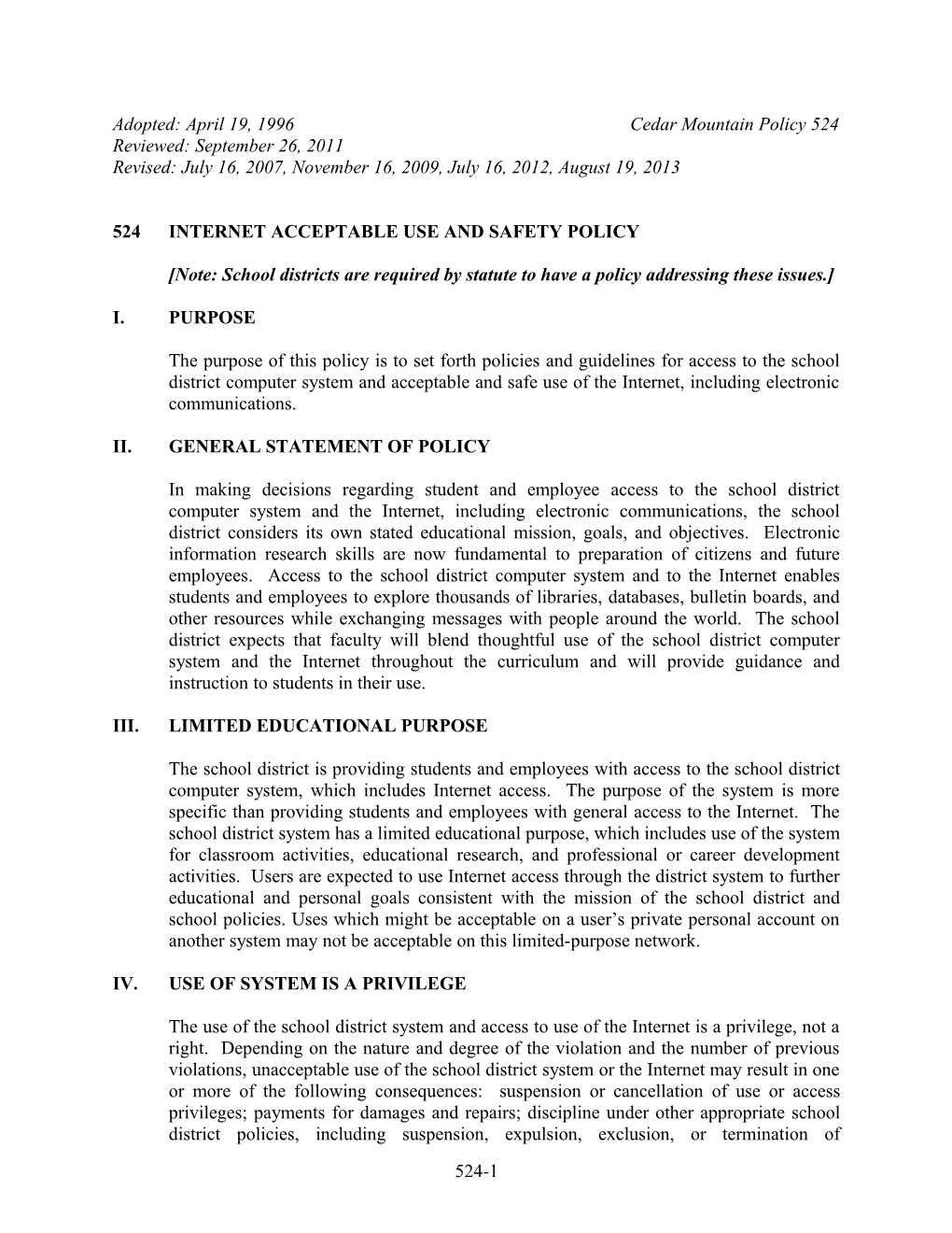 524Internet Acceptable Use and Safety Policy