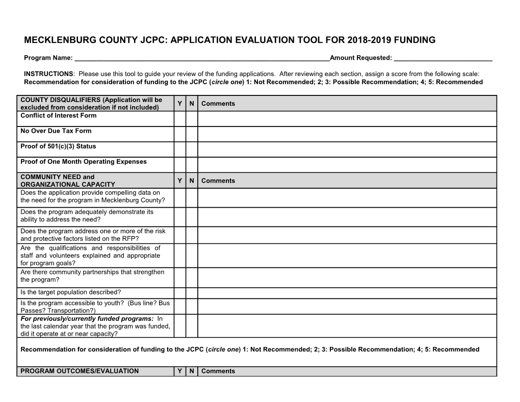 Mecklenburg County Jcpc: Application Evaluation Tool for 2018-2019 Funding
