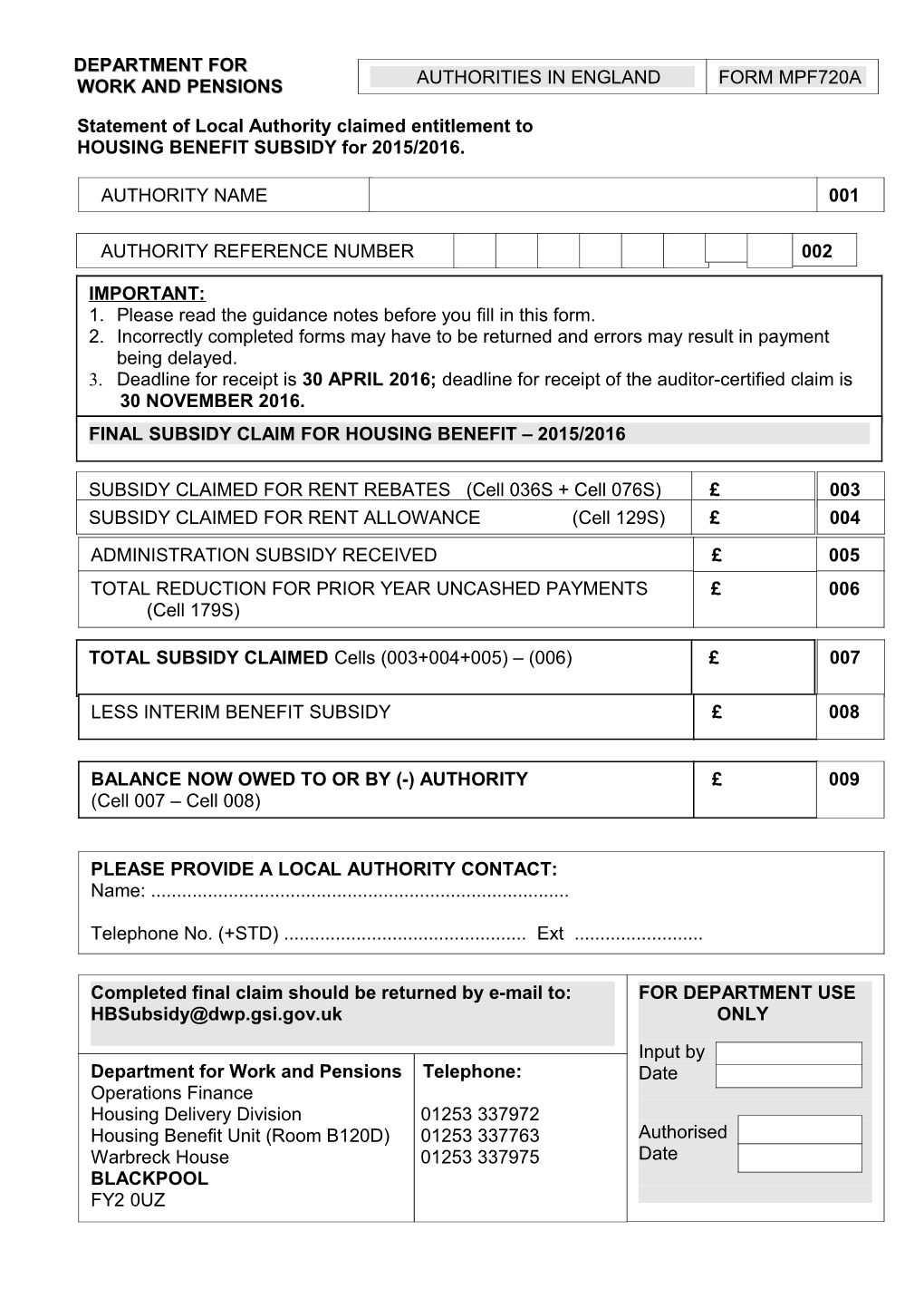 2015/16 Housing Benefit Subsidy Final Claim Form for England