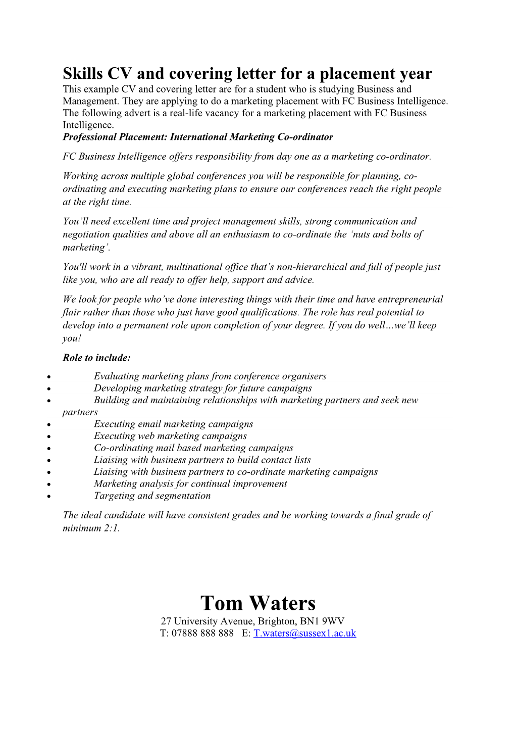 Skills CV and Covering Letter for a Placement Year