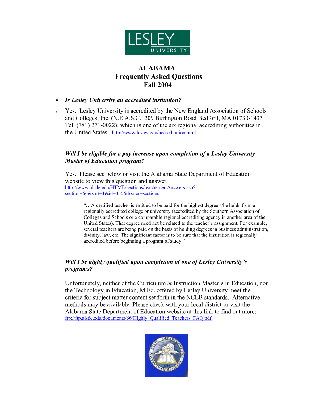 Lesley University in Alabama FAQ Sheet