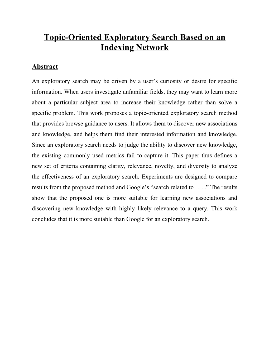 Topic-Oriented Exploratory Search Based on an Indexing Network