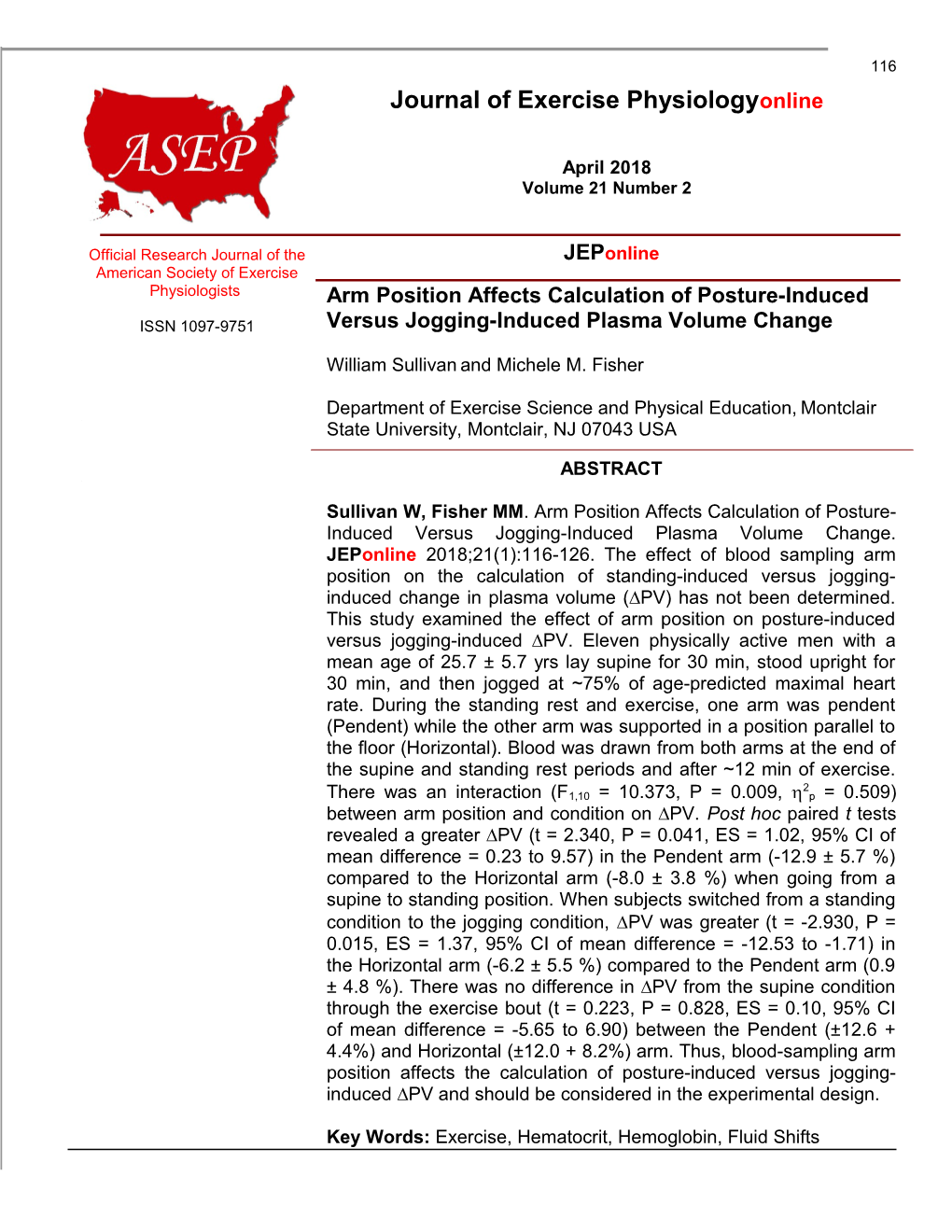 Arm Position Affects Calculation of Posture-Induced Versus Jogging-Induced Plasma Volume