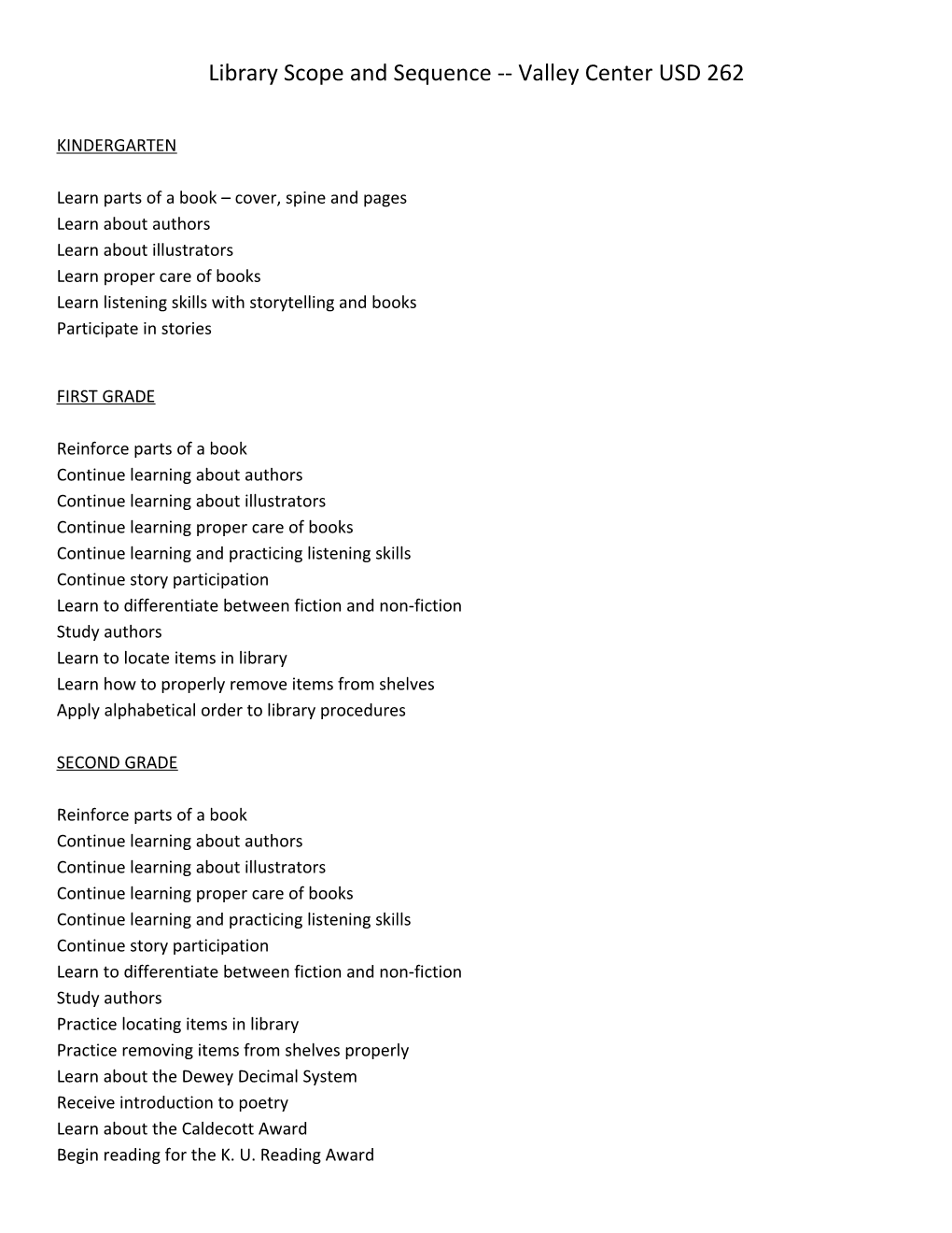 Library Scope and Sequence Valley Center USD 262