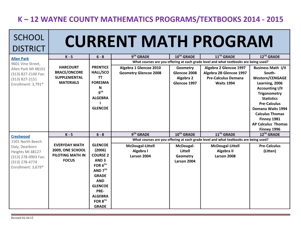 K 12 Wayne County Mathematics Programs/Textbooks 2014 - 2015