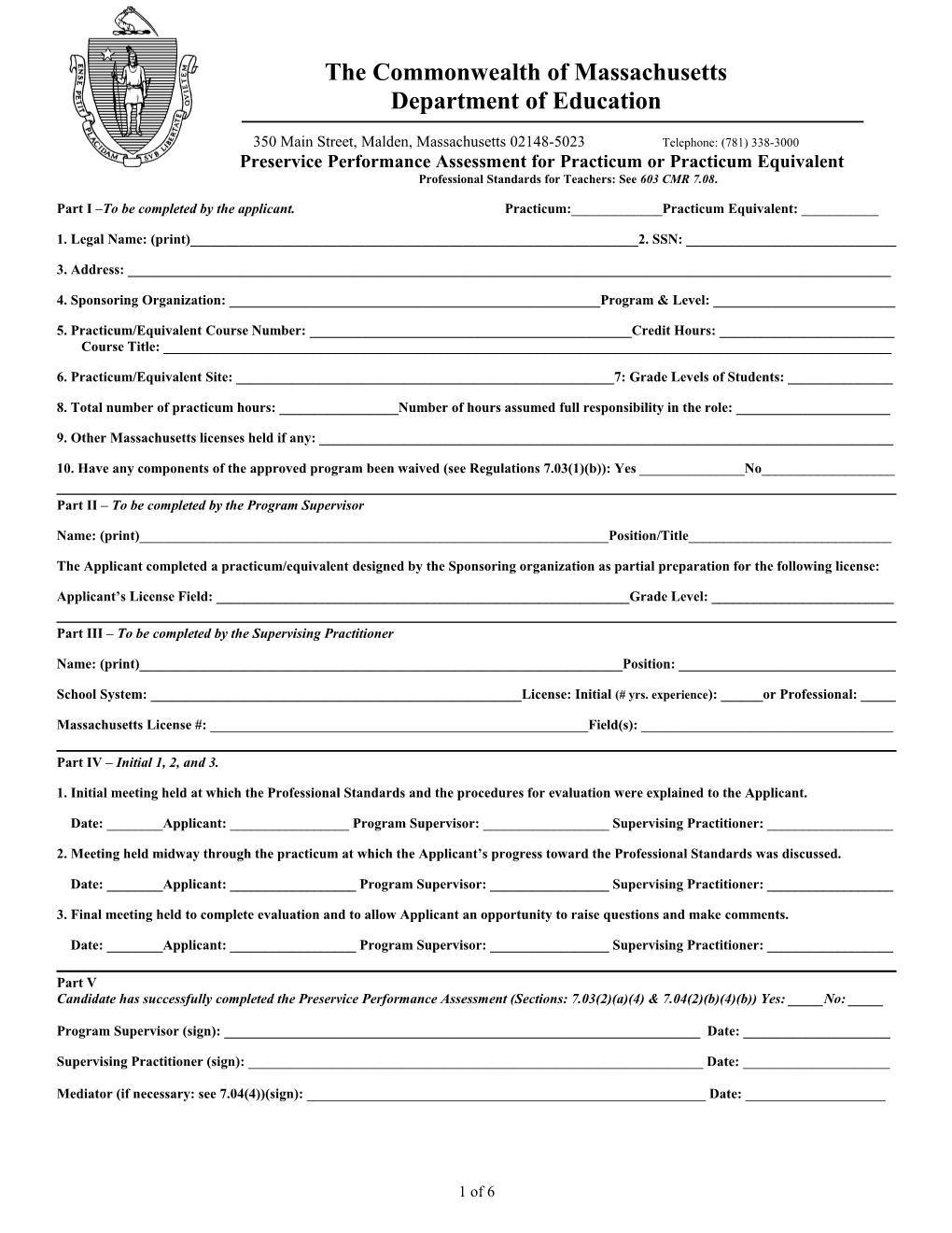 Form for Preservice Performance Assessment