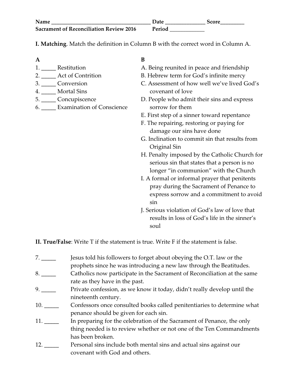 Sacrament of Reconciliation Review 2016 Period ______