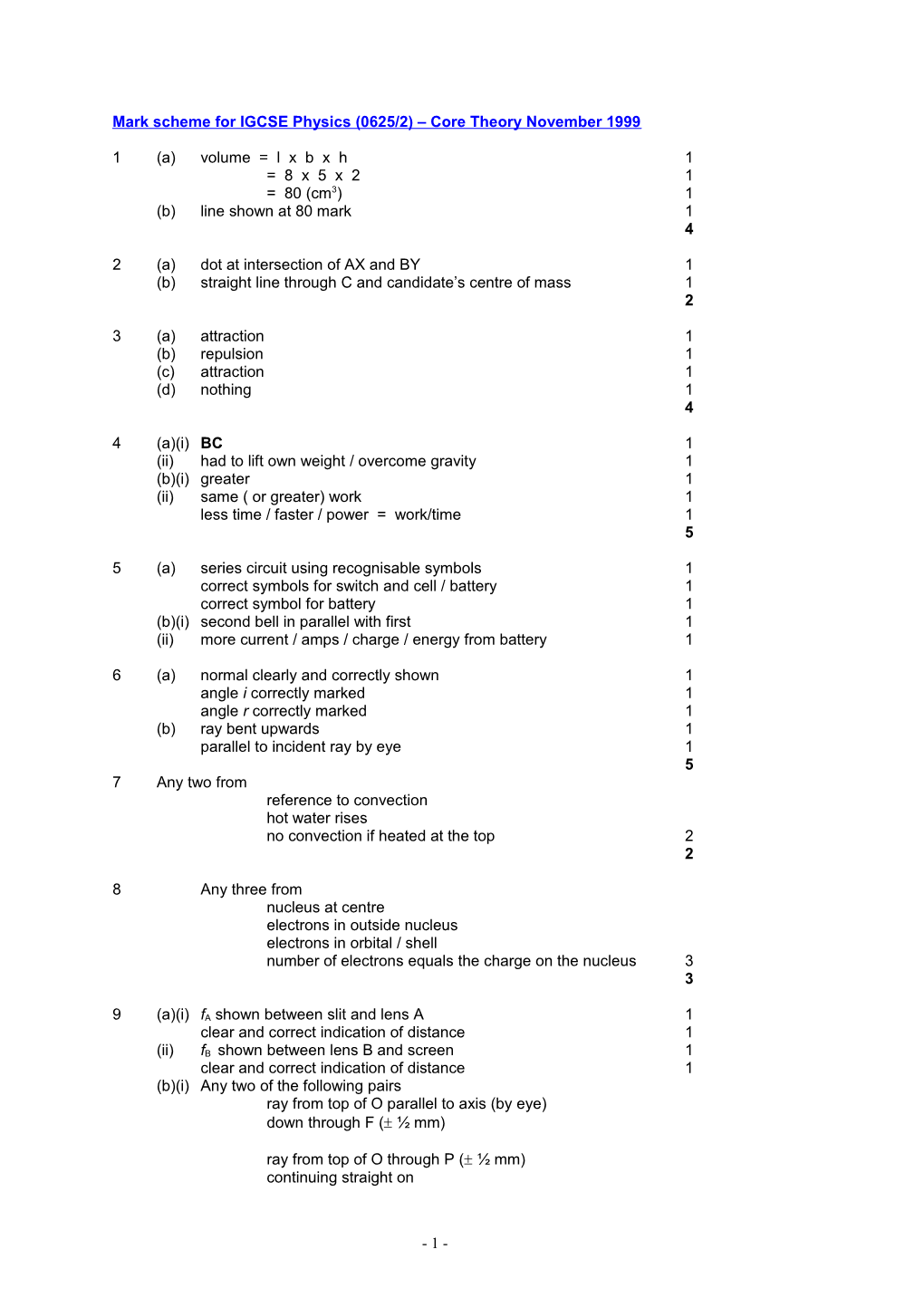 Mark Scheme for IGCSE Physics (0625/2) Core Theory November 1999