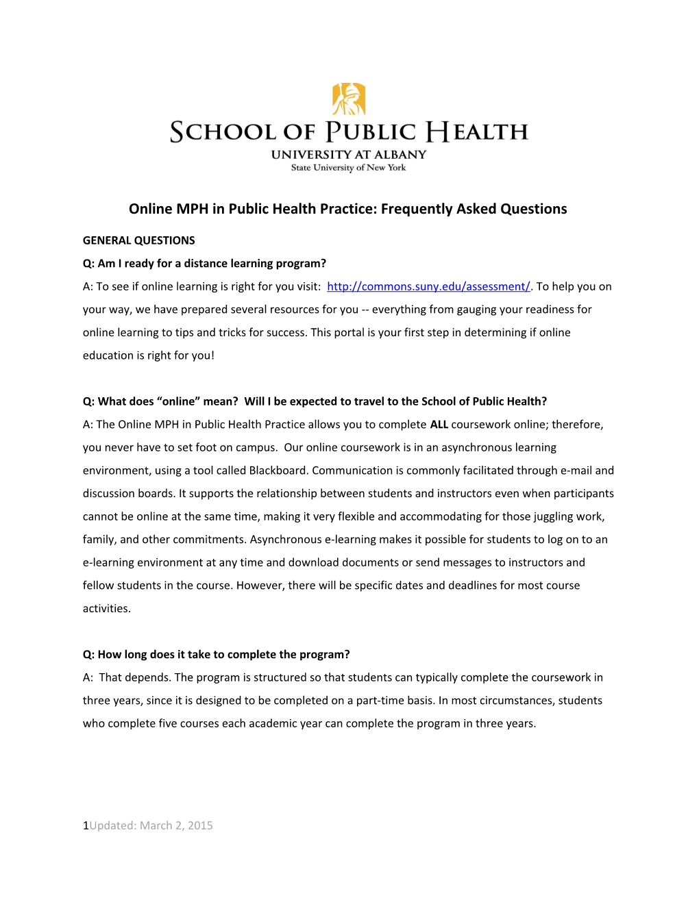 Online MPH in Public Health Practice: Frequently Asked Questions