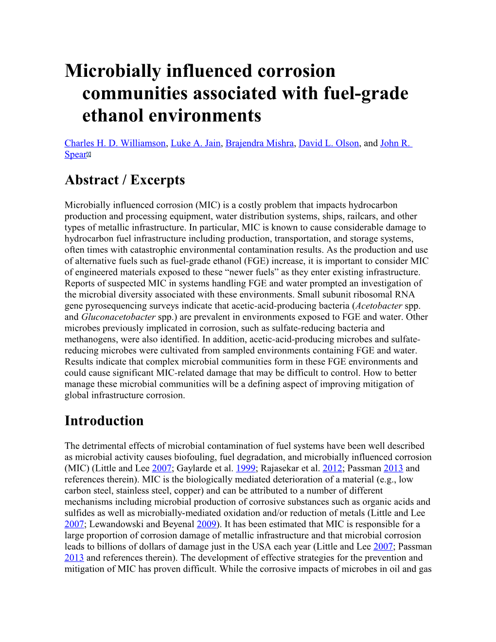 Microbially Influenced Corrosion Communities Associated with Fuel-Grade Ethanol Environments
