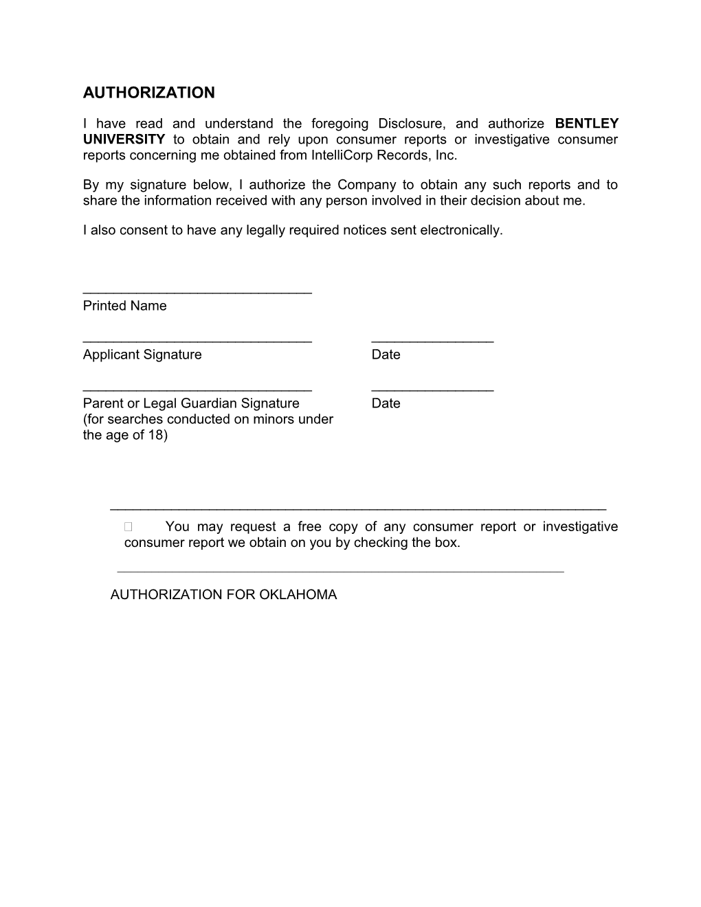 Disclosure Form to Obtain Consumer Reports for Employment Purposes