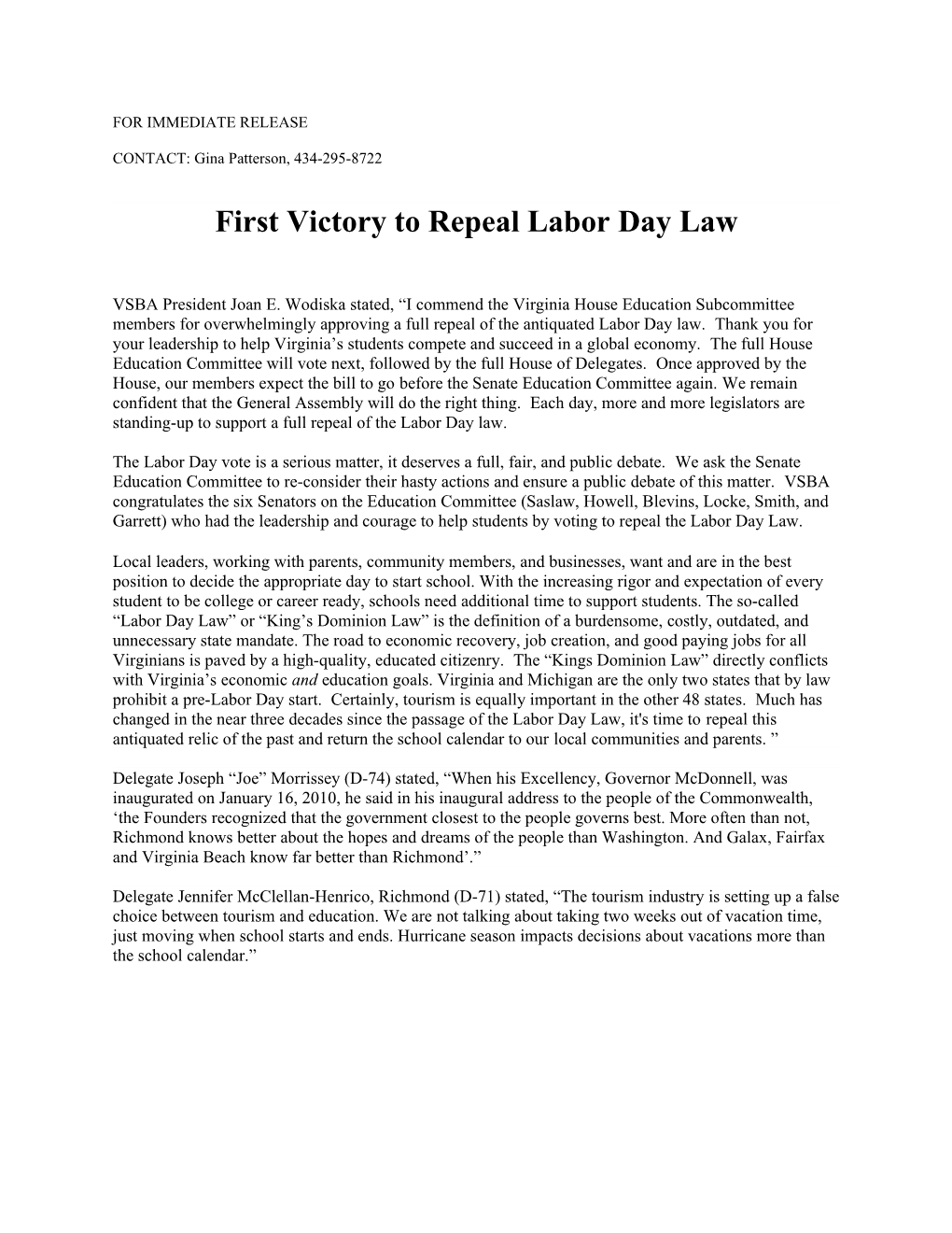 First Victory to Repeal Labor Day Law