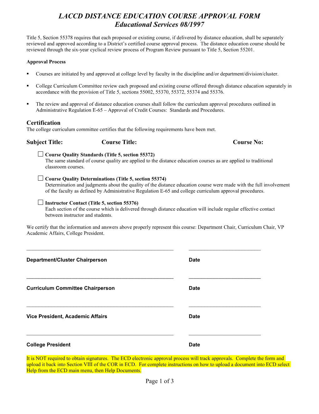 Pierce College Distance Education Course Approval Form