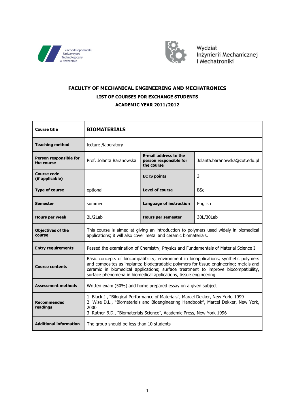 Faculty of Mechanical Engineering and Mechatronics