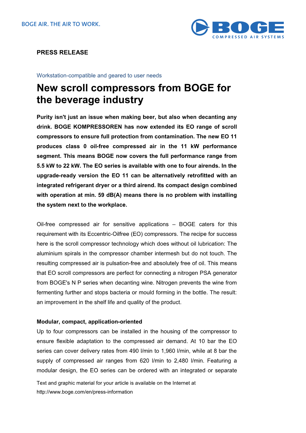 New Scroll Compressors from BOGE for the Beverage Industry