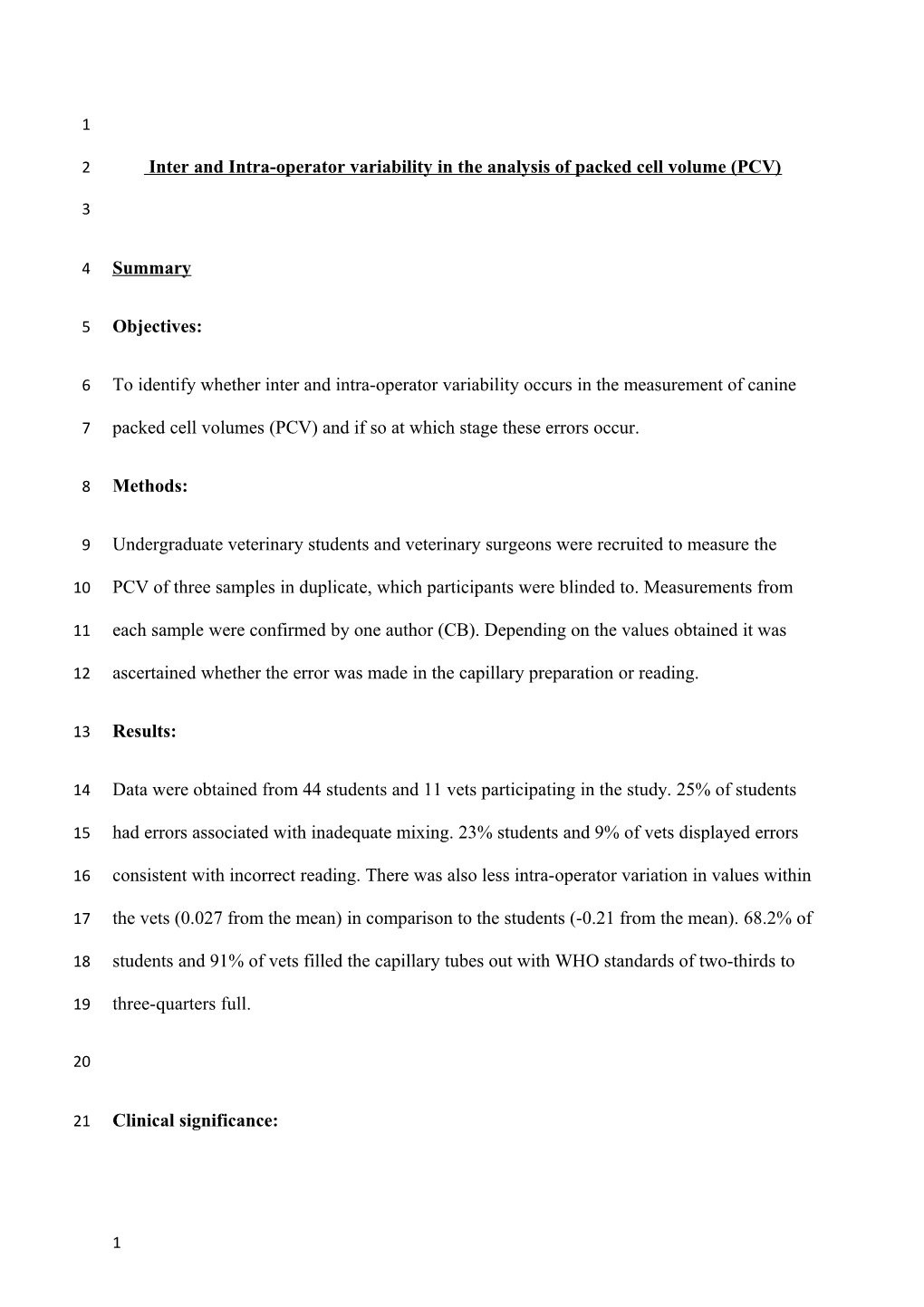 Inter and Intra-Operator Variability in the Analysis of Packed Cell Volume (PCV)